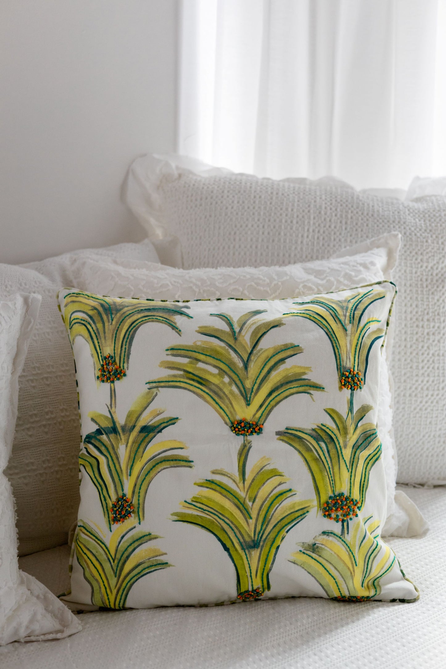 Tropical Bloom 'Kantha Embroidered' Cushion Cover